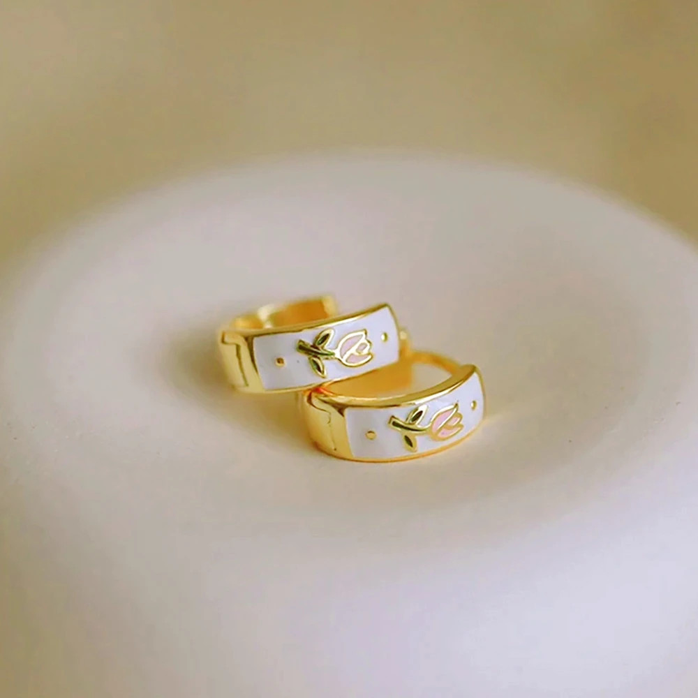 Metal Enamel Hoop Earrings Women Tulip Floral Tea Cup Spring Summer Jewelry