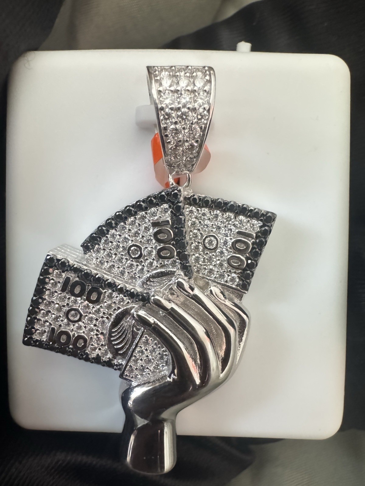 Silver Tone Iced Out Moissanite hand Holding Money Stack Charm Pendant