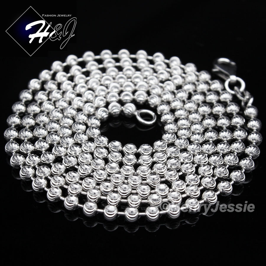 MEN 925 STERLING SILVER 24″X2MM MOON CUT BEADED CHAIN ICY CZ ROUND PENDANT*P204