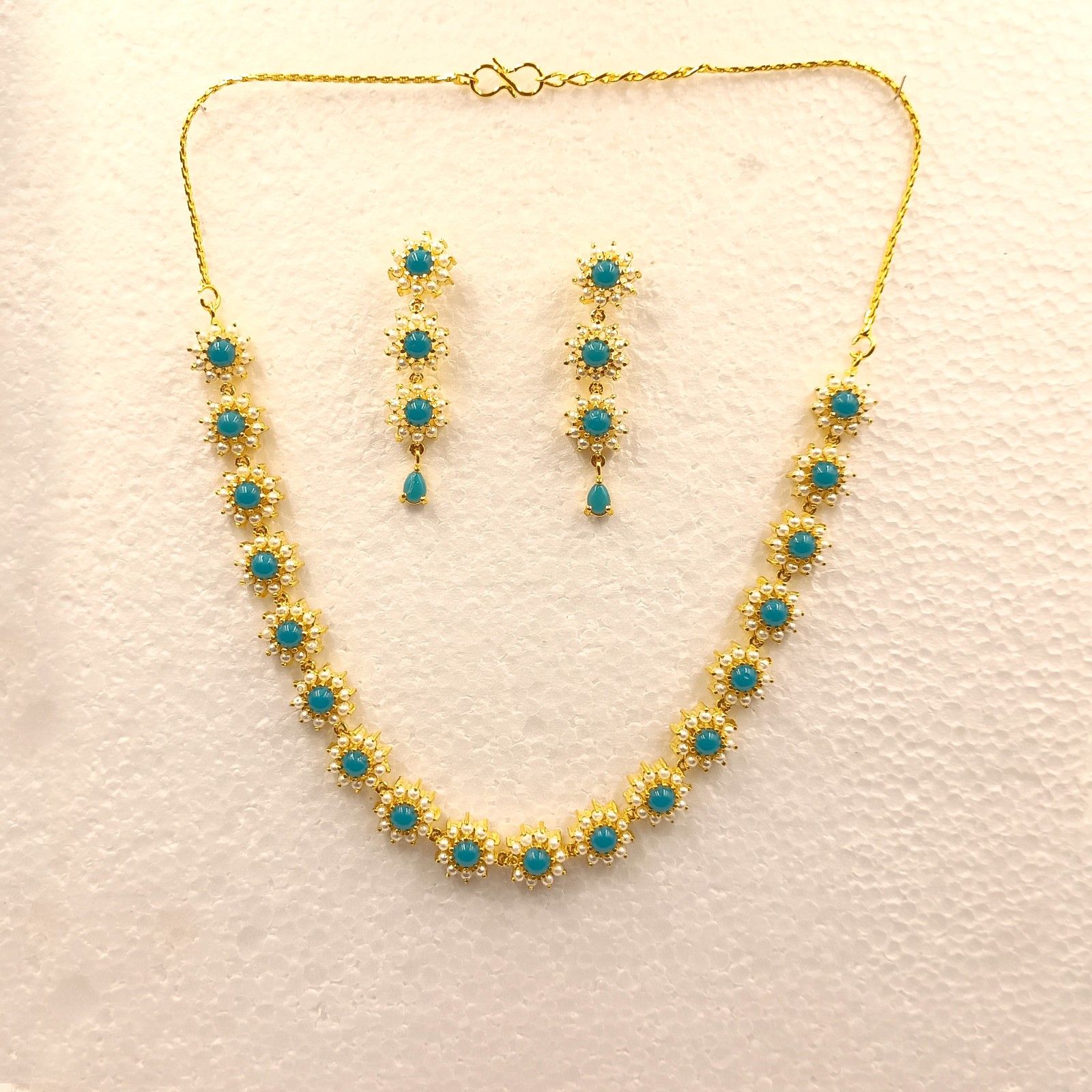 Bohemian Turquoise Pearl Necklace Set 22k Gold Plated Wedding Party Jewelry Gift