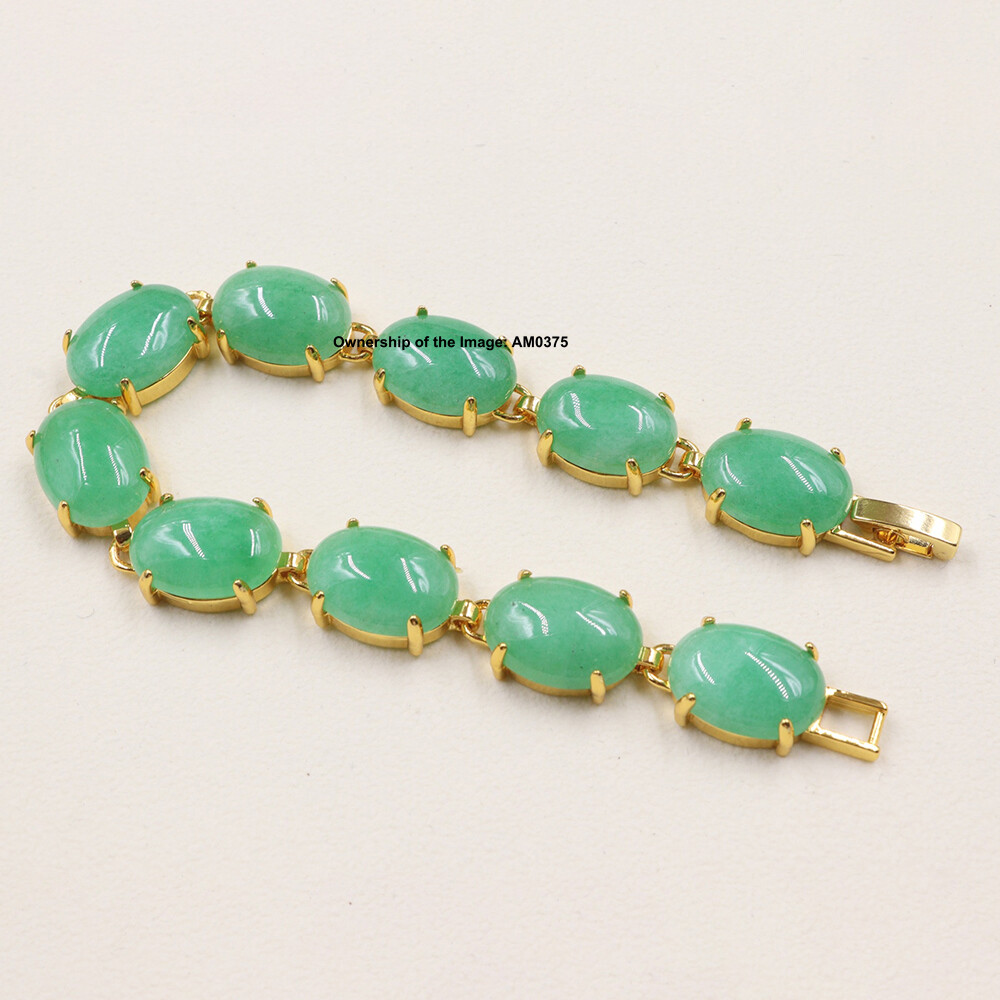 18K Gold Plated Alloy Heated Green Jade Oval Gemstone Bracelet Gift 7.08INCH