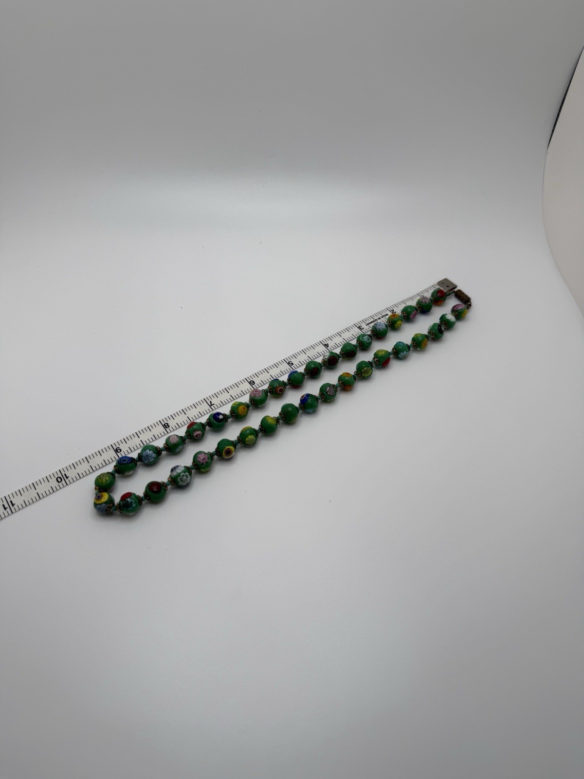 Italian Murano Green Multicolor Glass Round Beaded Necklace 19 in w Barrel Clasp