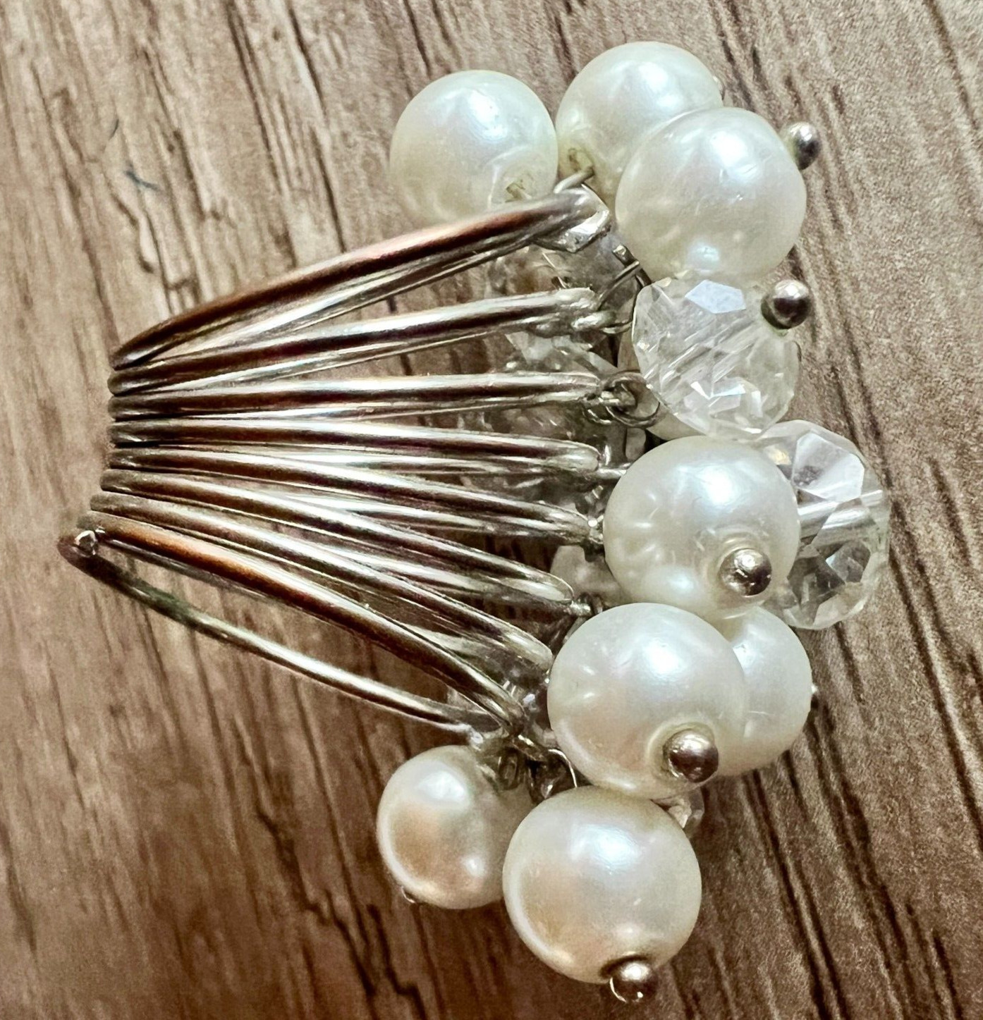 Vintage Faux Pearl & Crystal Cluster Statement Ring Adjustable Multi-Band Unique