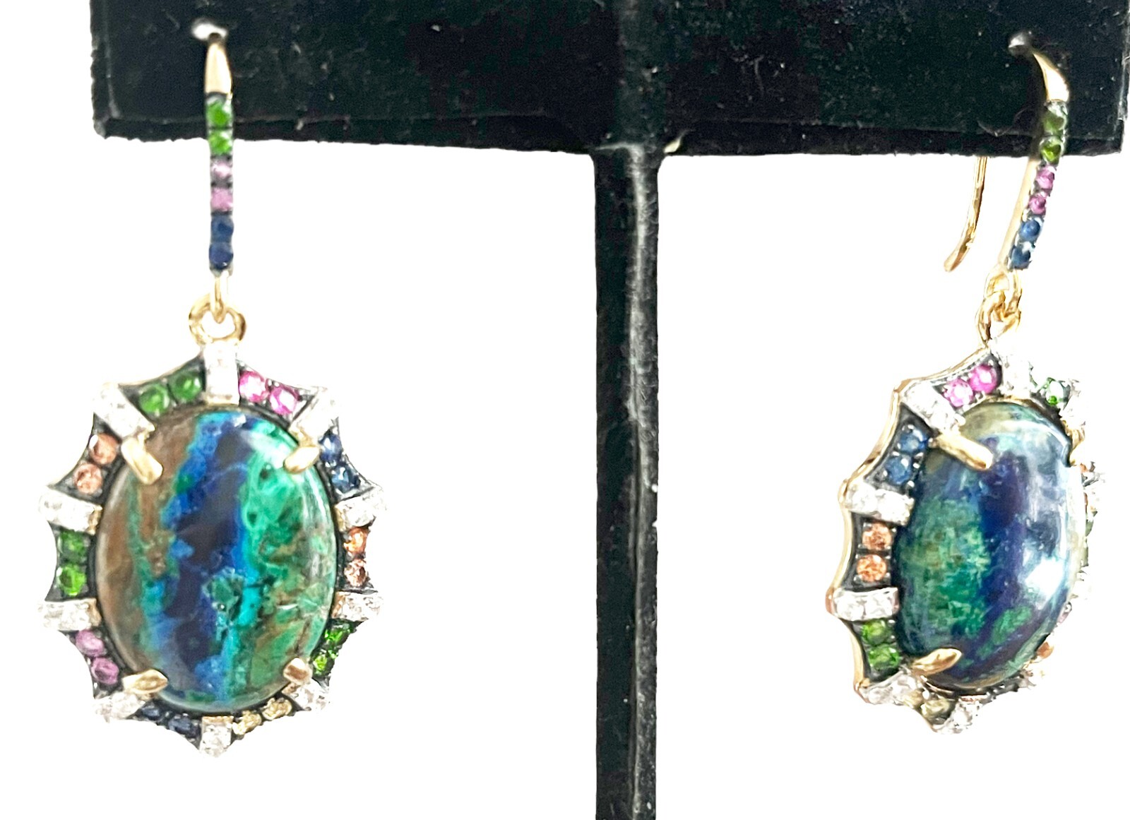Rarities Azurite Malachite Sapphires Scalloped SS GoldClad Drop Earrings $599