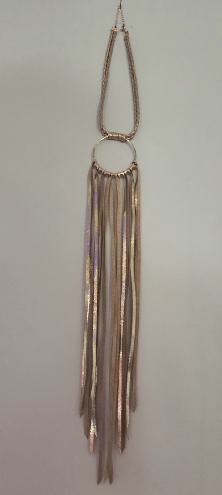 Gold Tone Faux Leather Cord Necklace Fringe Tassel Round Pendant Toggle 24″