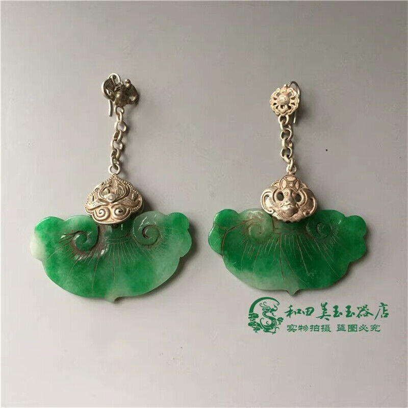 Chinese Antique Tibetan Silver Inlaid Natural Jade Earrings Lucky Jewelry Gifts