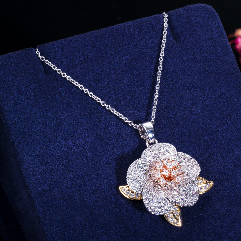 CWWZircons Silver Rose Gold Plated CZ Lady Flower Pendant Necklace Earrings Sets