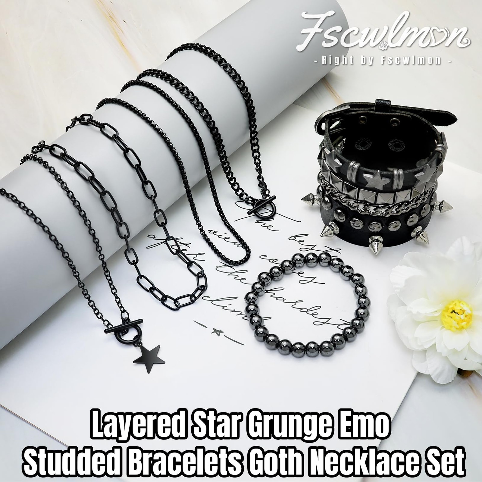 Fscwlmon 5 Pcs Layered Star Grunge Emo Studded Bracelets Goth A