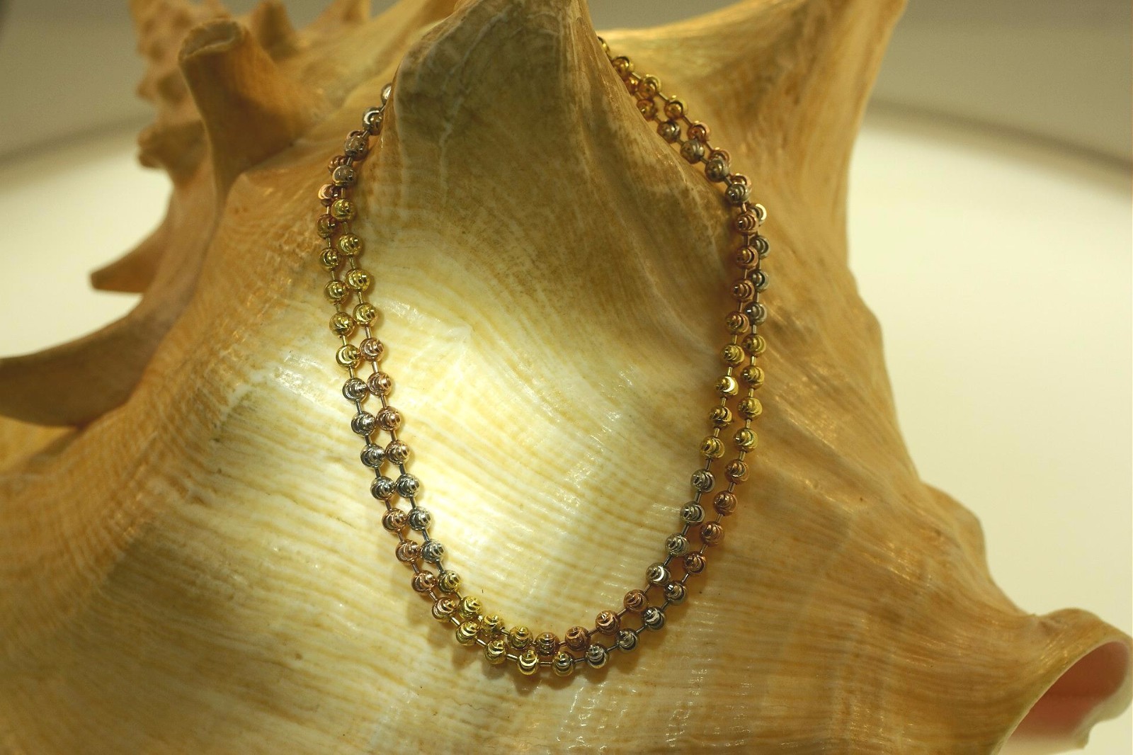 3MM ITALIAN TRICOLOR GOLD PLATED 925 SILVER SPARKLY DC BALL BEAD CHAIN NECKLACE