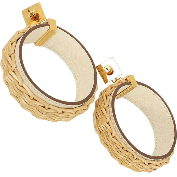 New Auth HERMES MEDOR PICNIC GM Pierced earrings Swift leather Rattan GP Women