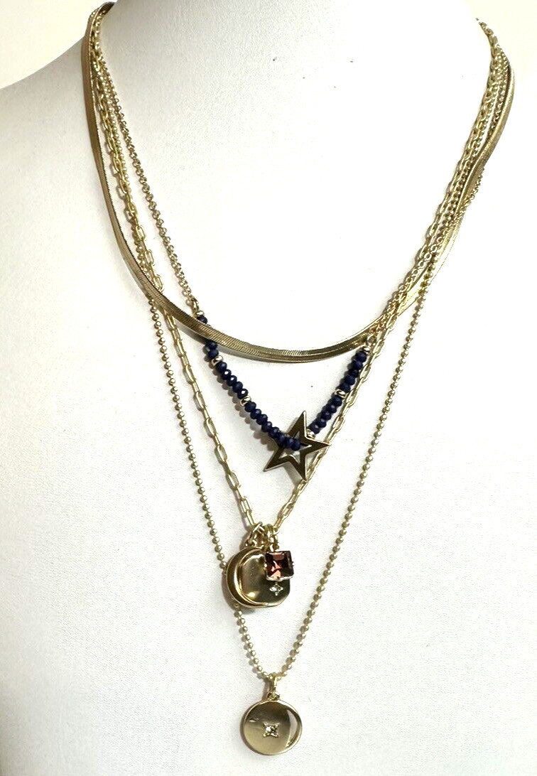 Lucky Brand Gold Tone Star Charm Layered Necklace 3 Strand Pendant NWT 3-in-1