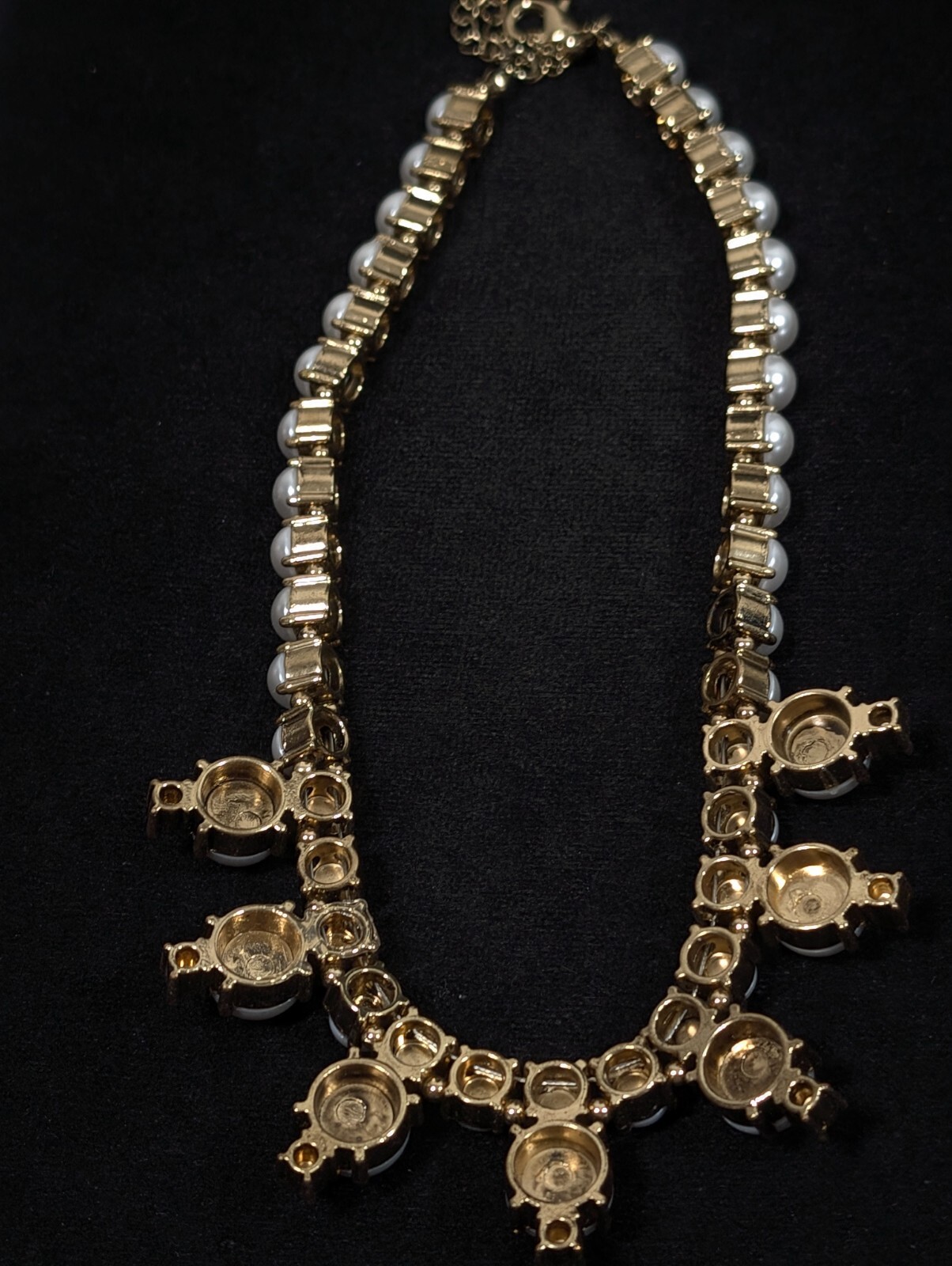 Gold Tone White Faux Pearl Rhinestone Tennis Statement Neckalce Bridal 17 in