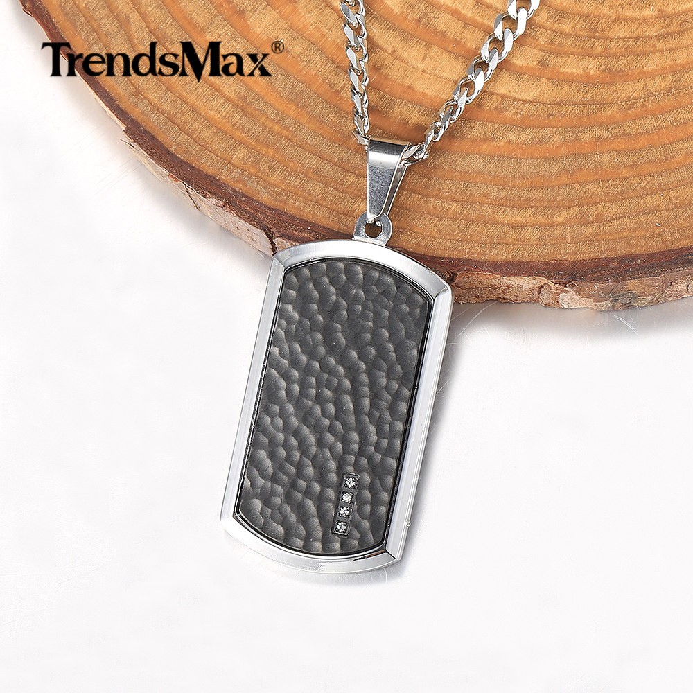 Stainless Steel Dog Tag Pendant Necklace 18-30″ Silver Curb Chain Clear CZ Charm