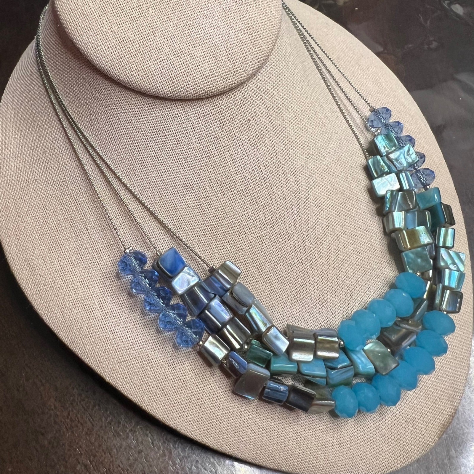 Blue Shell Bead Abalone Statement Necklace Fashion Jewelry Three Strand 17 in