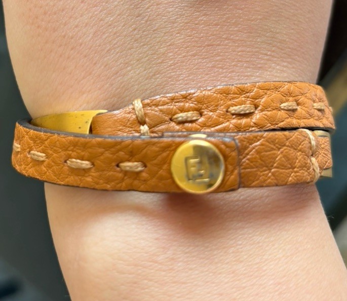 Fendi Gold Plated Interlocking Tan Leather Strap Bracelet With Button Closure