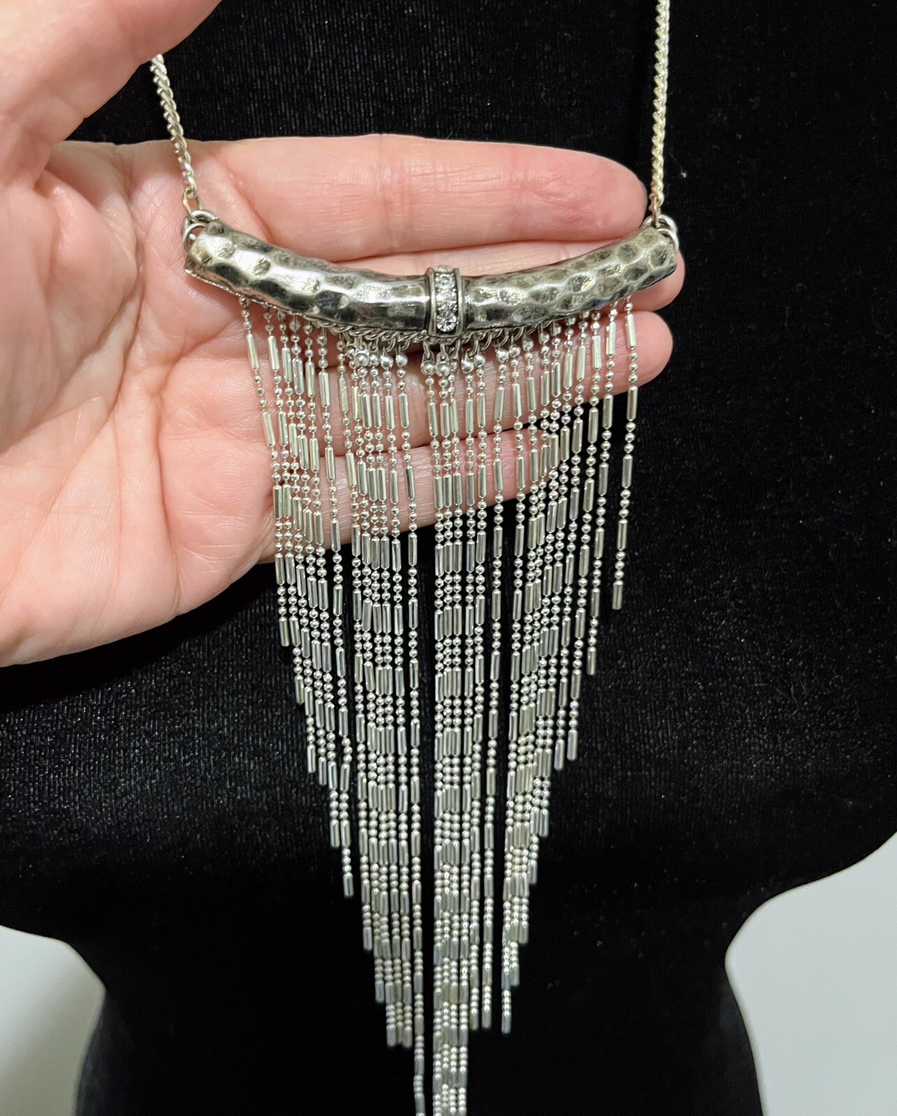 Silver Tone Multi Strand Hammered Bar Rhinestone Statement Necklace