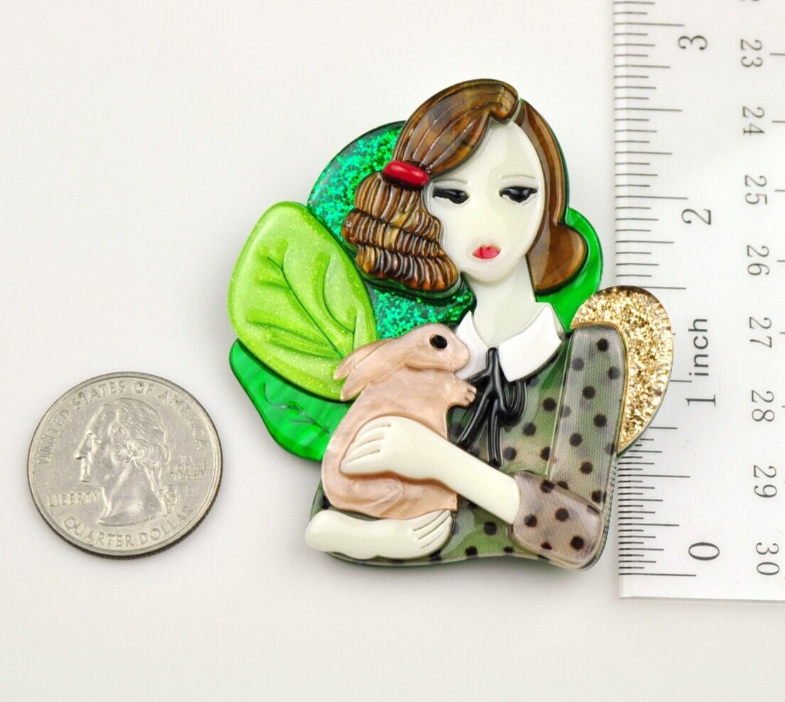 Acrylic brooches Lady holding a bunny brooch Pin Fashion Jewelry Gift for her