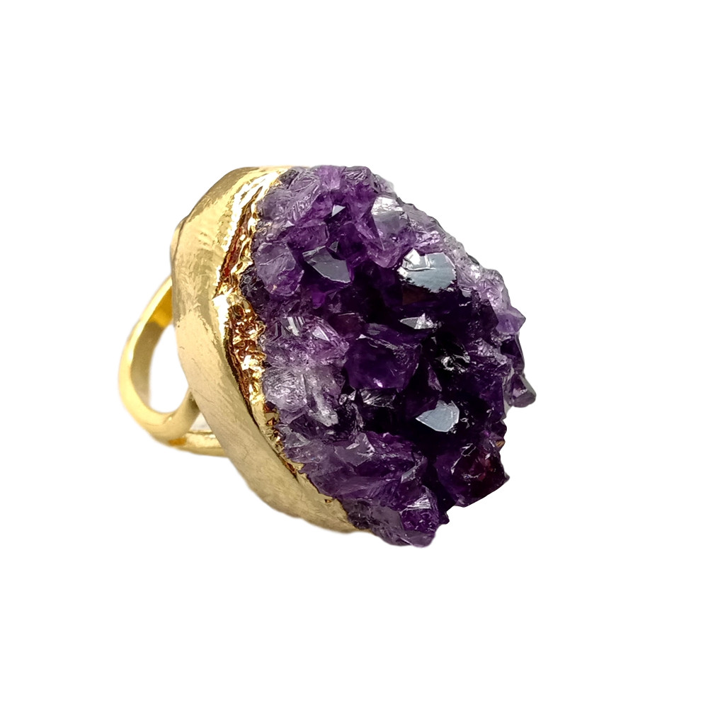 Natural Amethsyt Druzy Cluster Freedom Shape Gold Electroplated Ring Adjustable