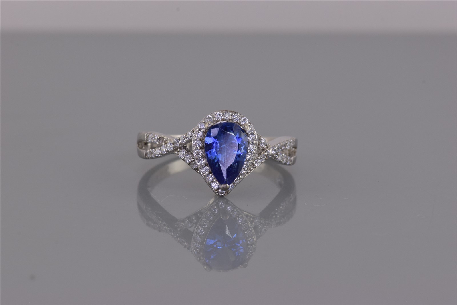 Sterling Silver Blue Pear Cubic Zirconia Halo Accented Twist Band Ring 925 Sz: 9