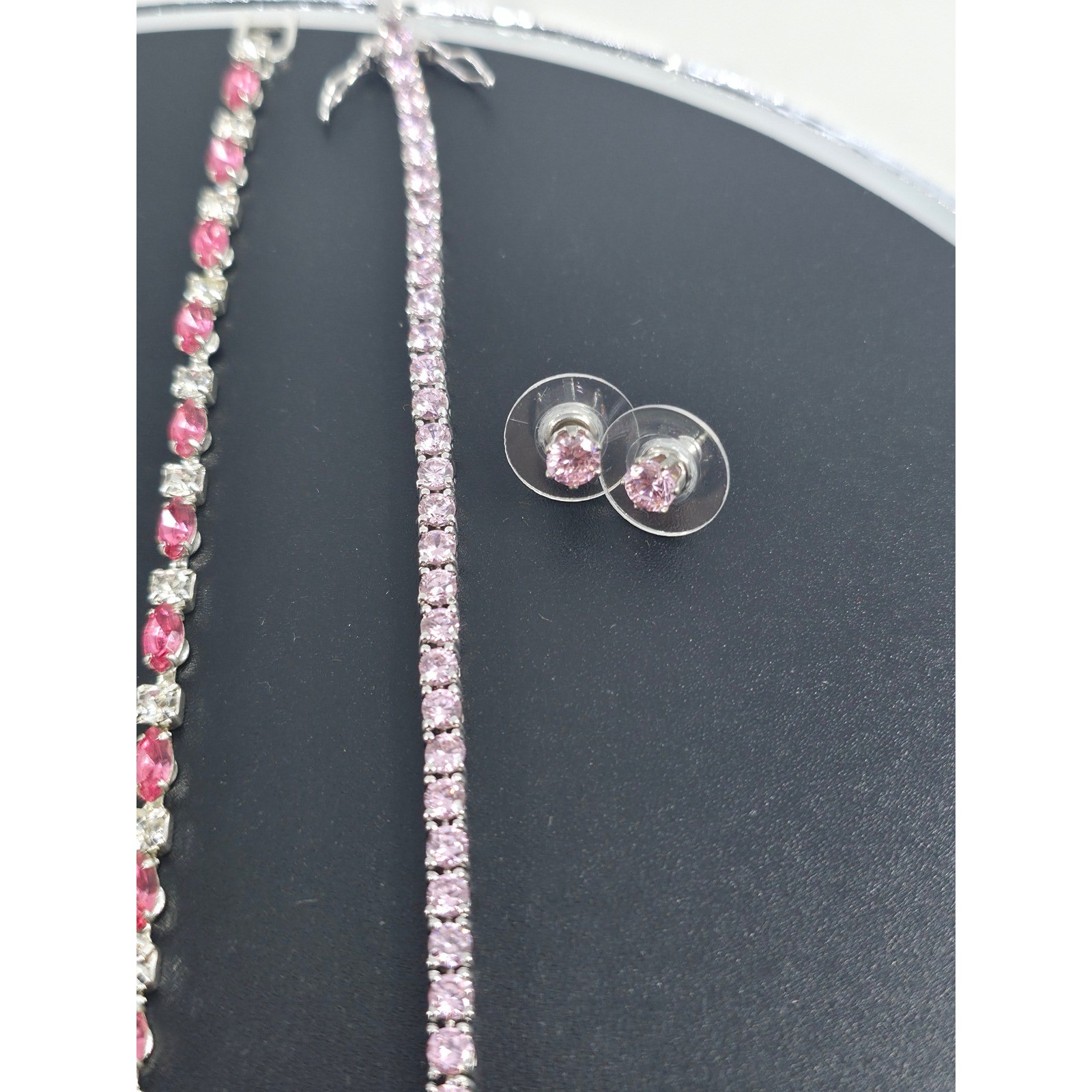 Women Silver Tone Tennis Bracelet Set 3PC Marquise Round Pink Green Stud Earring