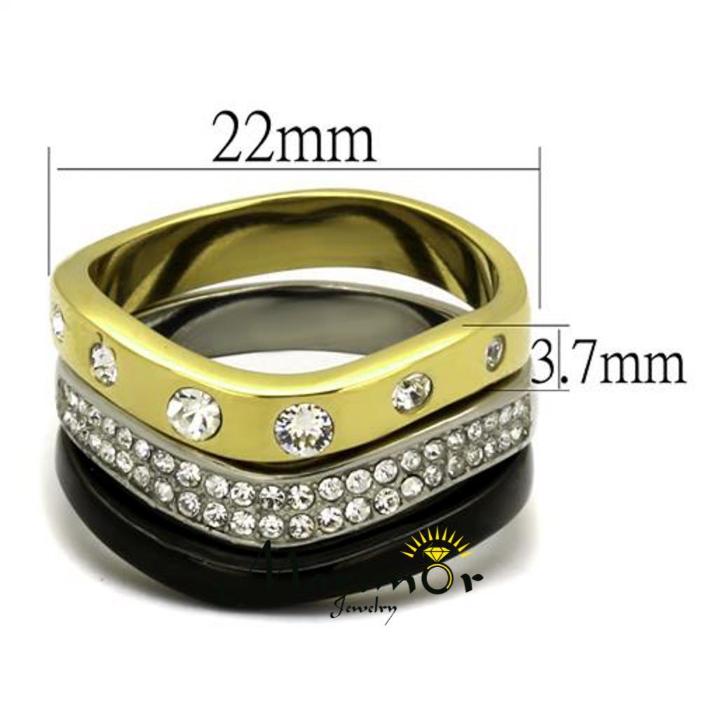 Silver Black & Gold Ion Plated Stainless Steel Crystal Fashion Ring Women’s 5-10