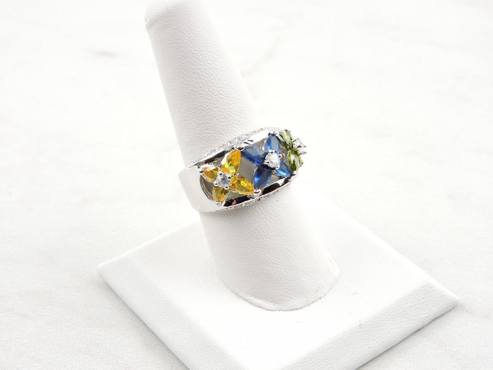 Sterling Silver 3.45 cttw Yellow, Blue And Green Pear Cut Cubic Zirconia Ring