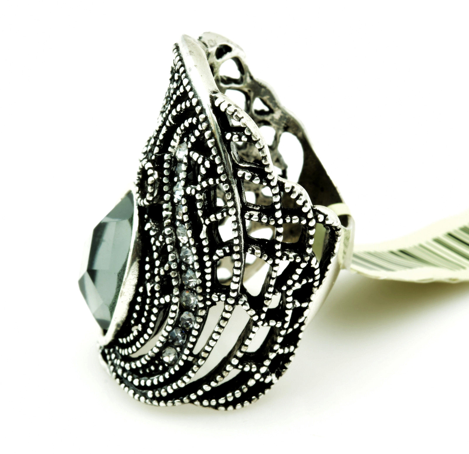 Size 7 Wide Cut Out Band Ring Smoky Silver Crystal Clear Channel Set CZ Accents