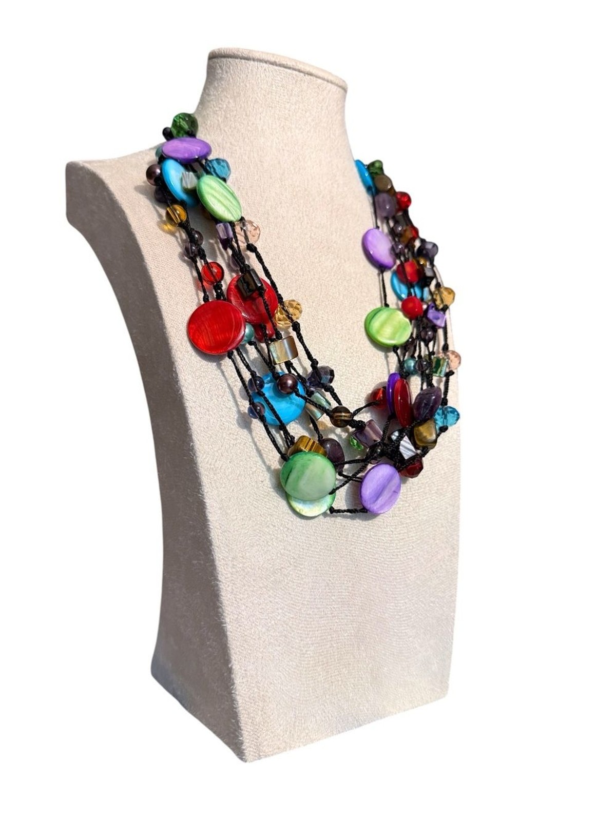 Multistrand Colorful Bead Necklace in Red, Green, Purple, Blue and Gold