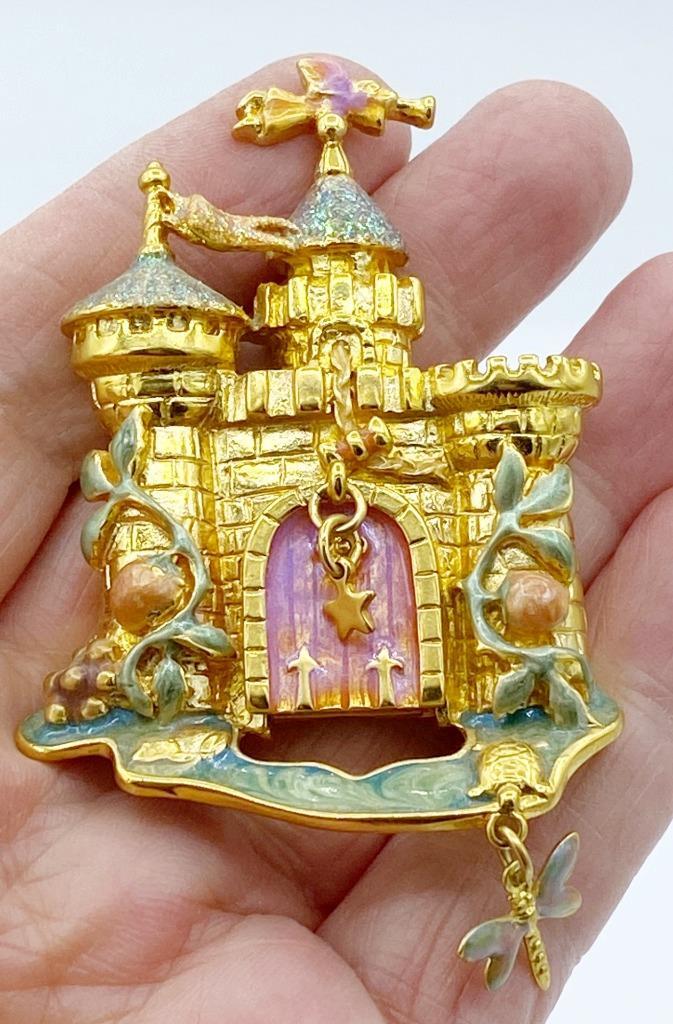 Kirk’s Folly Gold-Tone & Enamel Fairytale Rapunzel Castle w/ Dragonfly Pin