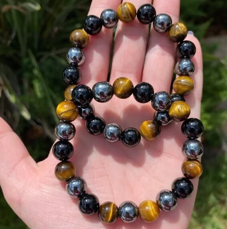 Triple Protection 10MM Bead Tiger Eye Obsidian Hematite Man’s Stretch Bracelet