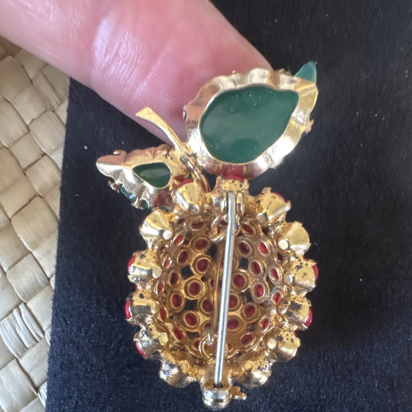 Vintage Unsigned Schreiner ? Strawberry Rhinestone Brooch Pin