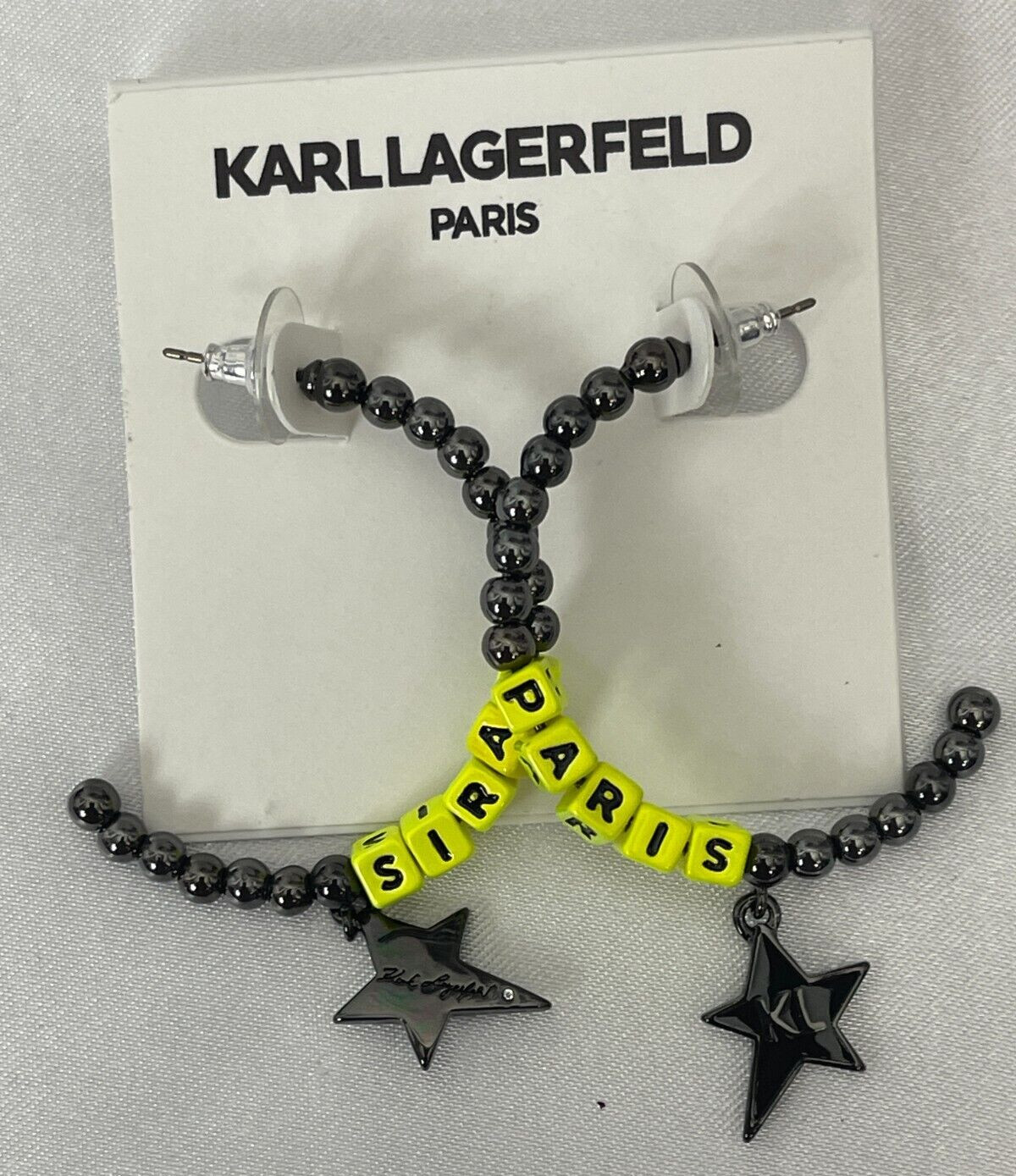 Karl Lagerfeld Logo Black Beaded Star Chartreuse Paris Letters C-Hoop Earrings