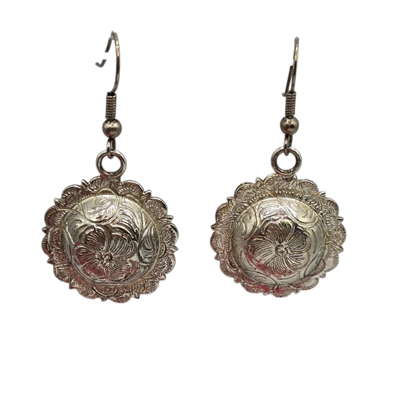 Earrings Raised Floral Repousse Design Dome Discs Scalloped Edged Pierced SK3164