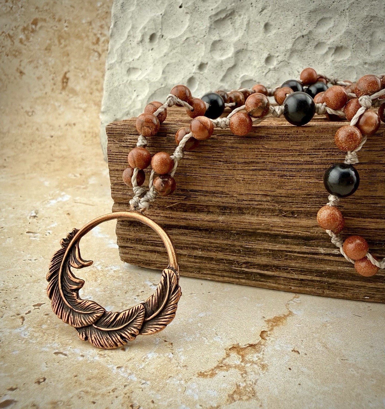 Copper Feather Pendant Necklace, Red Goldstone Crystal Ebony Wood. USA Artisan