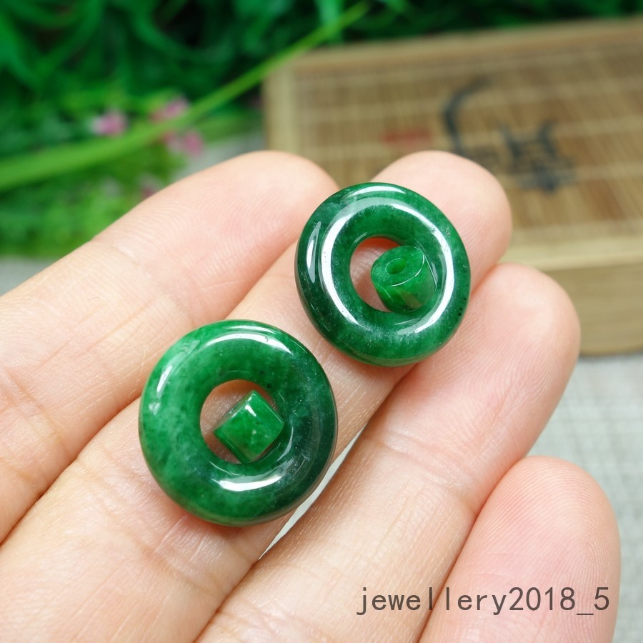 1 pair Certified Green Burma 100% Natural A jadeite Jade Donut 甜甜圈
