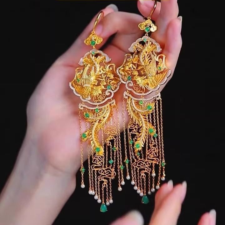 Chinese Phoenix Green Crystal Tassel Earrings New Style Gift For Women