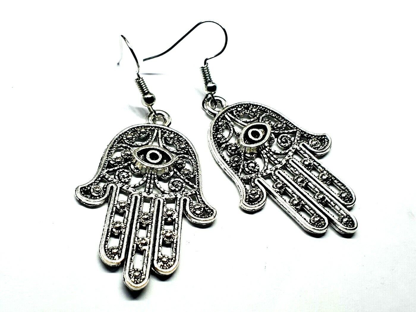 Large Hamsa Earrings Evil Eye Protection Filigree Silver Drop Dangle Jewellery