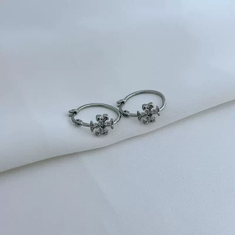 New Burch Small Eleanor SILVER Logo Hoop Earrings with Jewelry Pouch