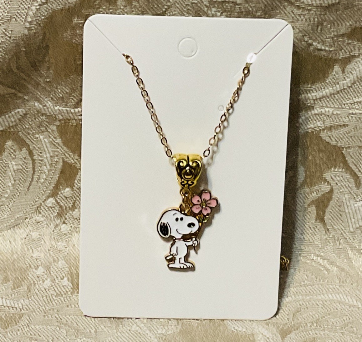 Snoopy Flower Gold Enamel Charm Pendant Fashion Fun Boho Gold Necklace 18”