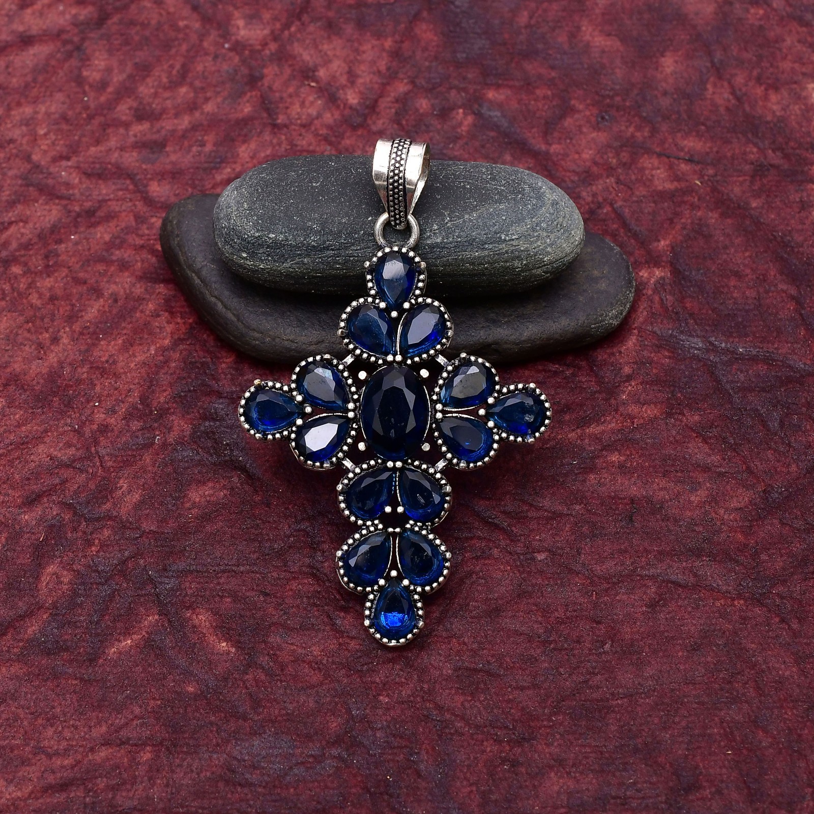 Blue Sapphire Gemstone 925 sterling silver Handmade Cross Pendant jewelry 2.75″