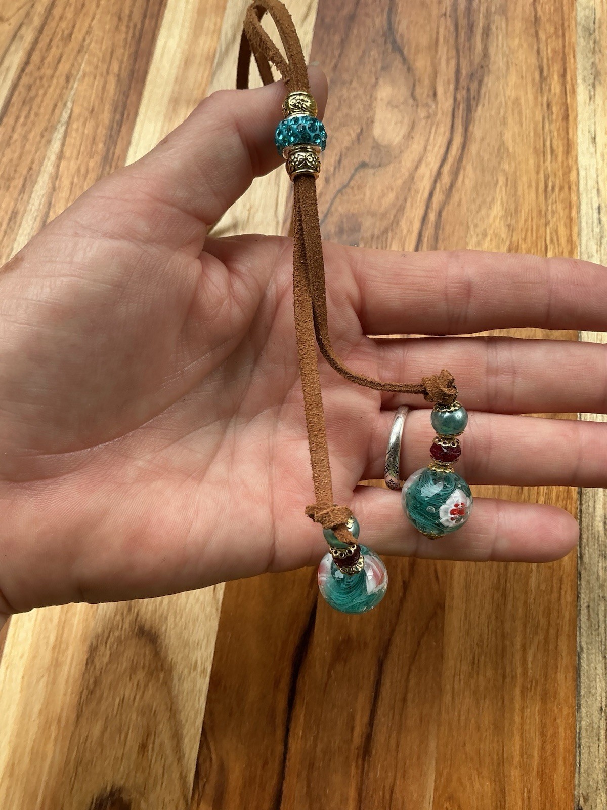 Western Blue Beaded Bolo Necklace w/Glass Bead Charm Tips