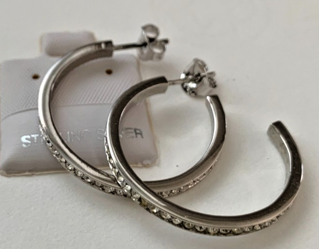 Solid Sterling Silver C-Shaped Channel-Set Cubic Zirconia Stud Hoop Earrings