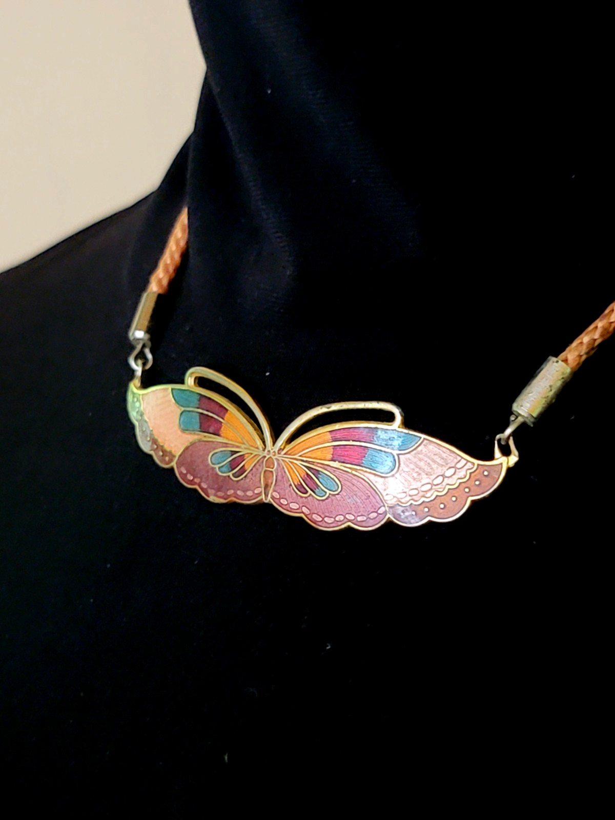 Cloisonne Enamal Multi Color Butterfly 1970/80s Corded Necklace