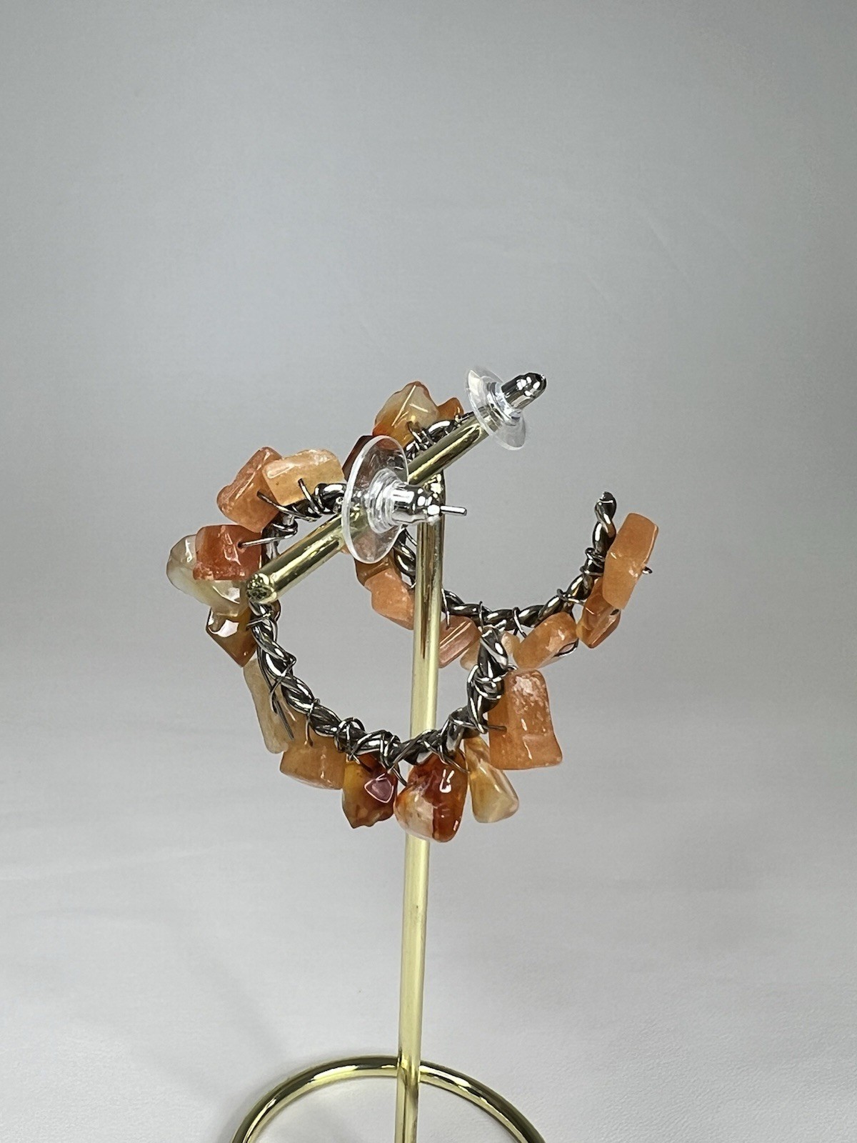 Handmade Carnelian chips wire wrapped silver tone boho open hoop earrings