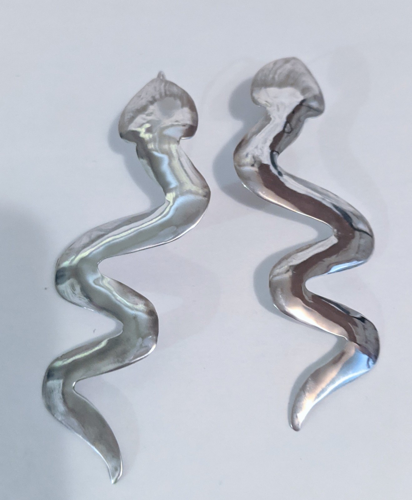 Edgy Crawling Snake Serpent Sterling Silver Long Hook Drop Earrings 3 1/4 Inch