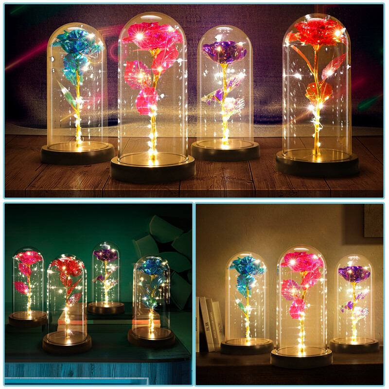Preserved Eternal Gold Foil Rose In Glass Galaxy Flower Dome LED Light Gift Her