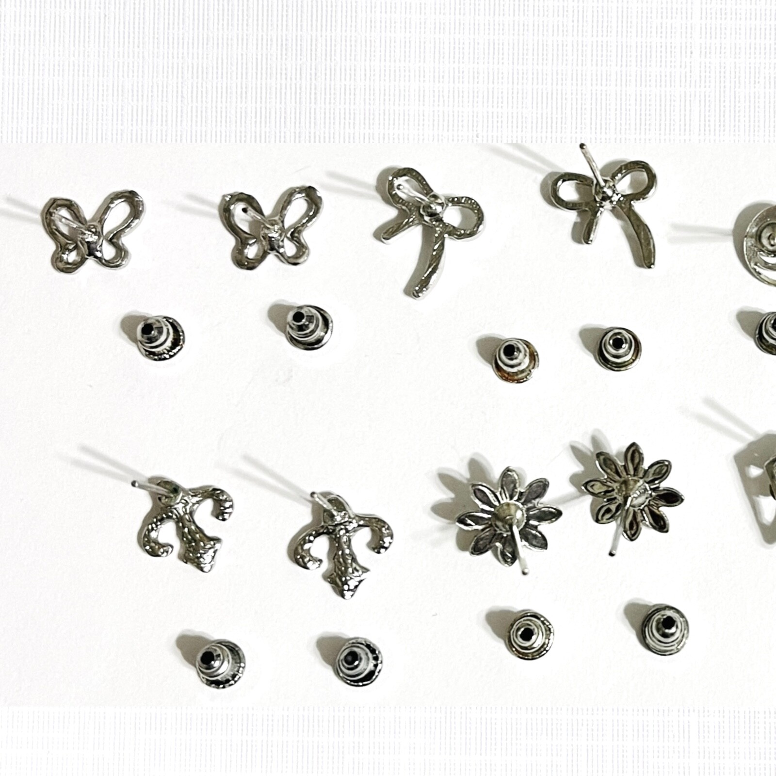 Vtg – Now Lot Silver Tone Pierced Earrings Studs 8 Pair Flower Bow Heart Retro
