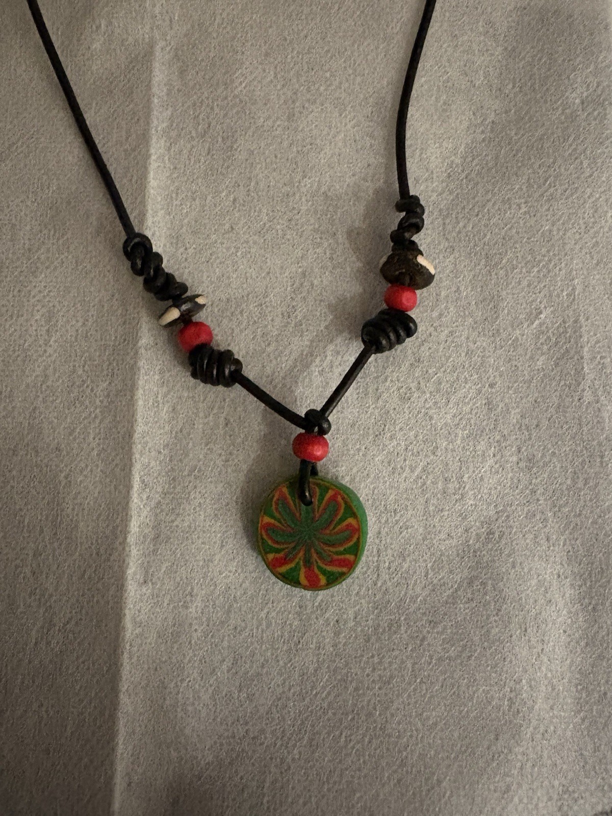 Vintage leather corded necklace with polymer clay pendant (dead stock 90’s)