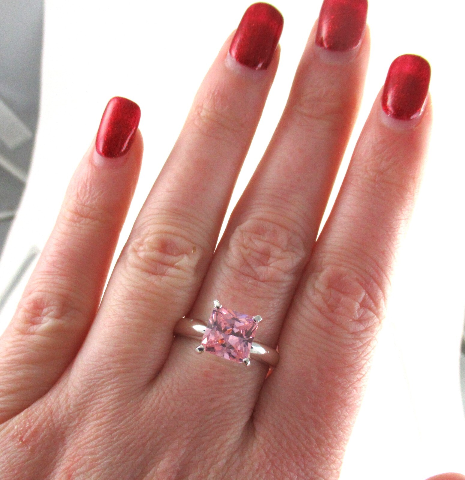 .925 Sterling Silver Cubic Zirconia Ring Pink Ice Princess Cut Solitaire 8mm