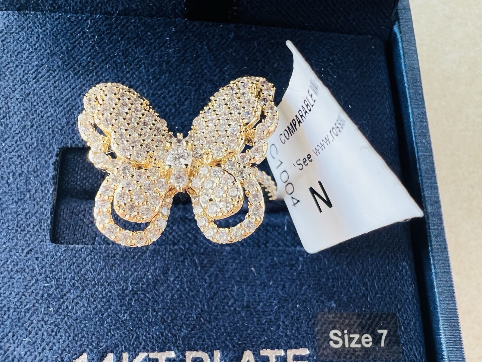 Oversized Butterfly Cocktail Ring Gold Tone Pave Crystal Rhinestone Size 7 Glam